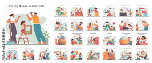 Positive parenting tips set. Fostering advice. Formation of your child's daily