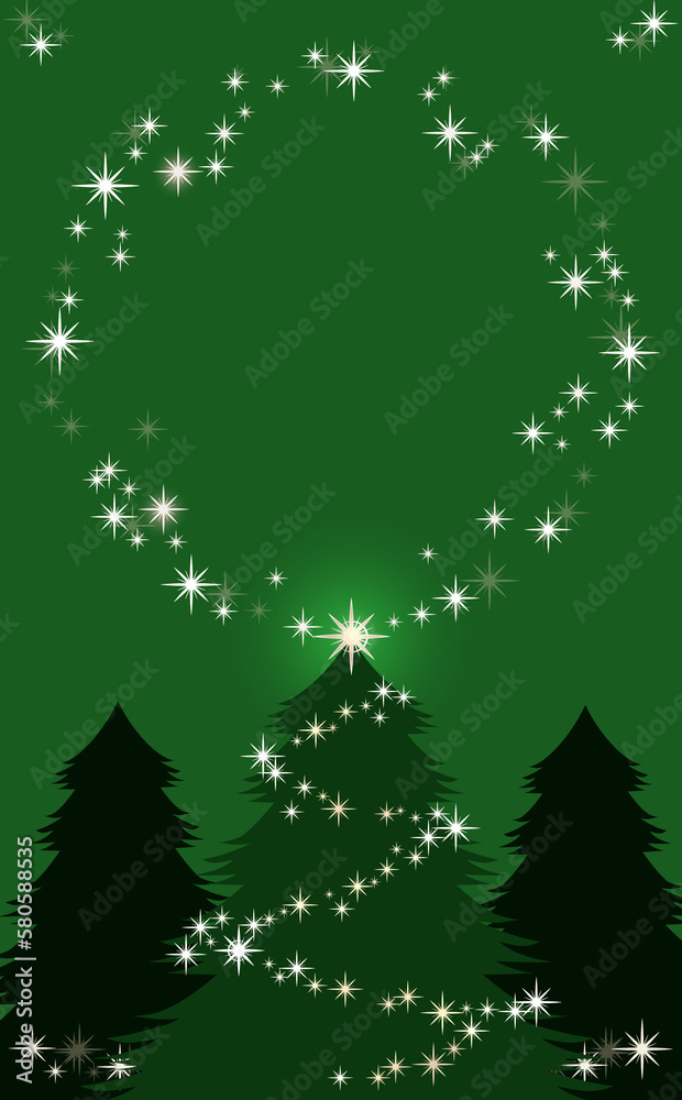 クリスマス☆縦型イラスト素材 ツリーとキラキラ星の丸フレーム 緑背景 色違い・差分有