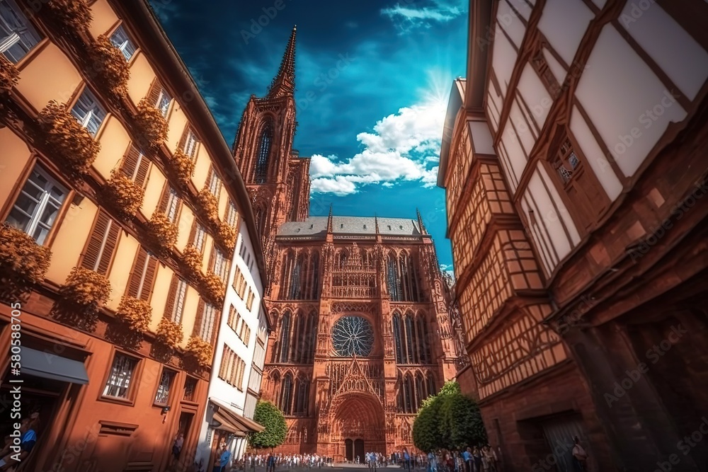 Majestic view of French NotreDame de Strasbourg cathedral and