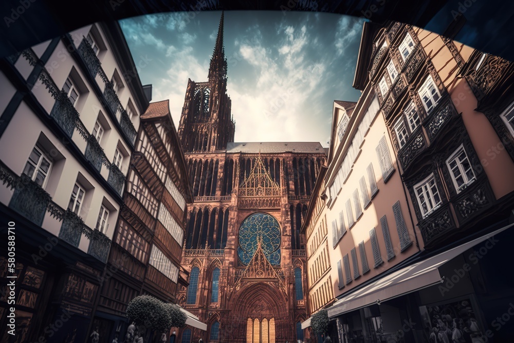 Majestic view of French NotreDame de Strasbourg cathedral and