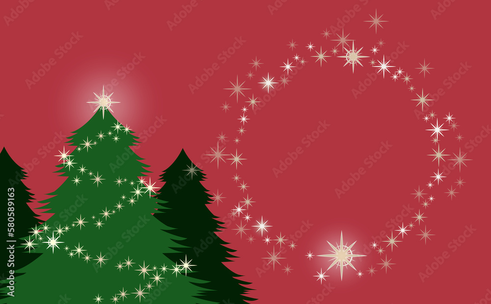 クリスマス☆イラスト素材 ツリー大とキラキラ星の丸フレーム 赤背景 色違い・差分有