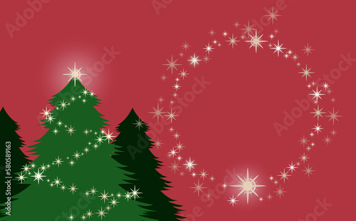 クリスマス☆イラスト素材 ツリー大とキラキラ星の丸フレーム 赤背景 色違い・差分有