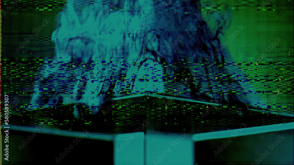 Glitch art. Analog distortion. Signal interference. Green blue color grain static noise texture on defocused glass pyramid abstract illustration background.