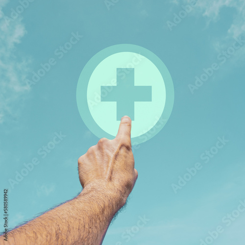 hand pointing at pharmacy icon, health insurance