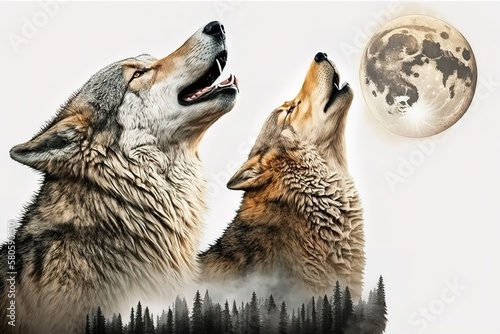 howling wolf and she-wolf isolated on white background, AI generated