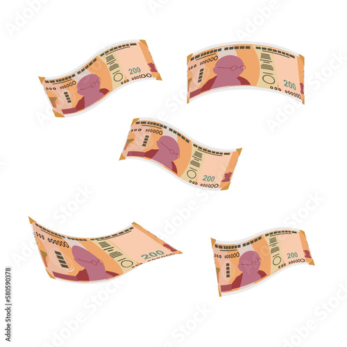 Indian Rupee Vector Illustration. India, Bhutan money set bundle banknotes. Falling, flying money 200 INR. Flat style. Isolated on white background. Simple minimal design.
