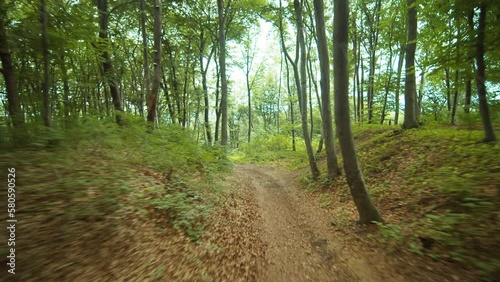 Drone footage of military-style armored pickup truck riding through green forest. Daytime, nature. Army war concept. Out of town. Summertime. Countryside