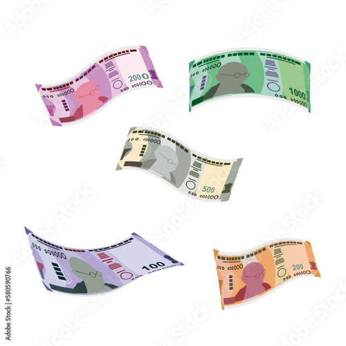 Indian Rupee Vector Illustration. India, Bhutan money set bundle banknotes. Falling, flying money 100, 200, 500, 1000, 2000 INR. Flat style. Isolated on white background. Simple minimal design.