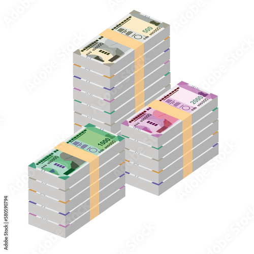 Indian Rupee Vector Illustration. India, Bhutan money set bundle banknotes. Paper money 100, 200, 500, 1000, 2000 INR. Flat style. Isolated on white background. Simple minimal design.