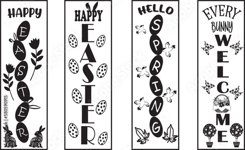 Happy easter color hand drawn lettering calligraphy holiday concept porch sign; Happy easter hand drawn color porch sign; Happy easter vertical lettering porch sign 