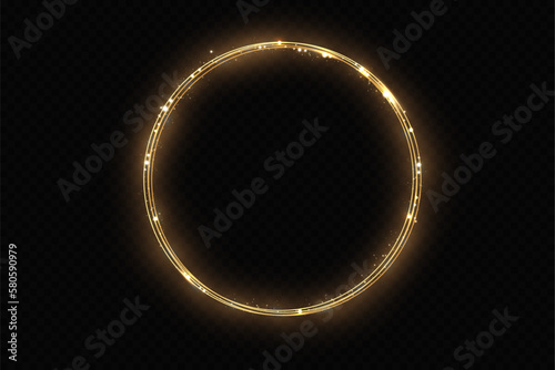 Abstract sparkling golden frame light effect on transparent background. Spark with ring glossy line.