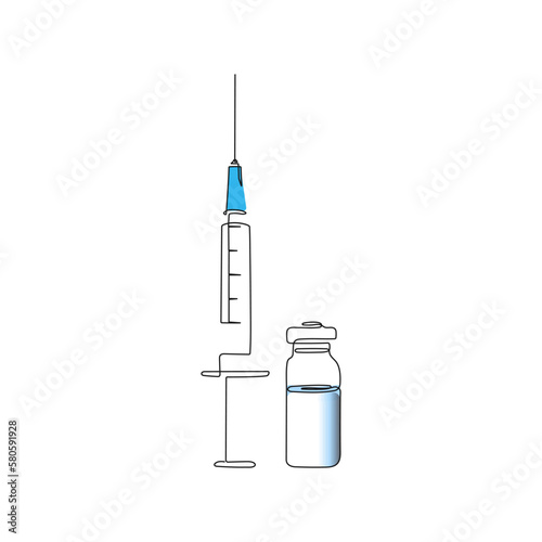 Syringe with needle and vaccine tube. One line art.