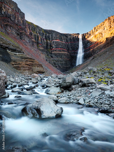 Hengifoss waterfall and river