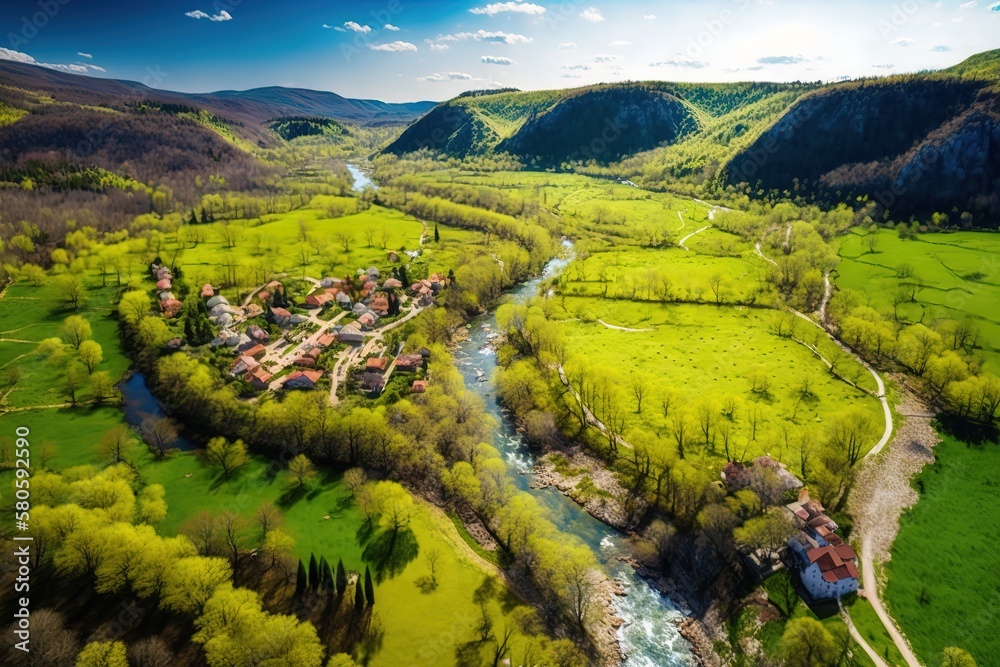 green countryside, Mreznica river from air, panoramic view of Belavici village, waterfalls in spring, popular tourist destination, AI generated