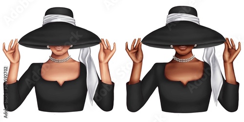 FASHION ILLUSTRATION OF ELEGANT WOMEN IN BLACK OUTFIT AND BLACK DRESS WITH PEARLS JEWELRY 