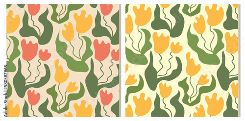 Groovy abstract pattern tulips flower on yellow background. . Modern naive groovy funky interior decoration. Vector art illustration.