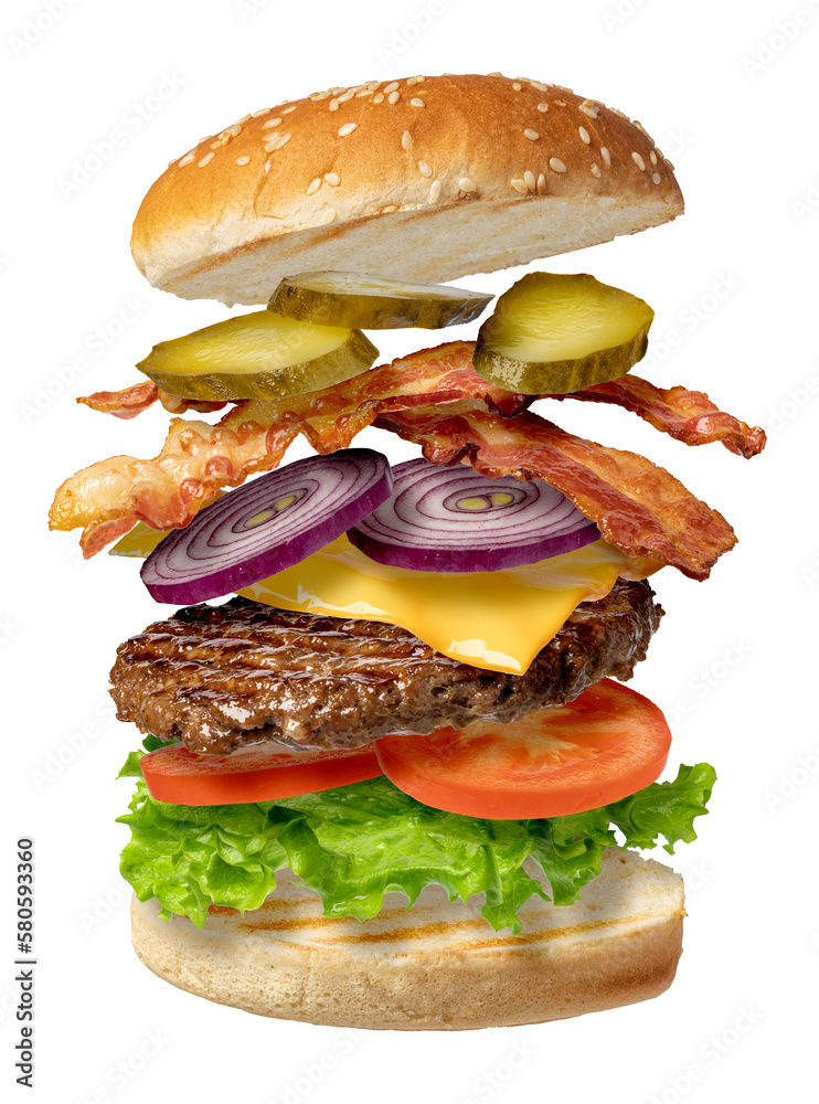 Flying burger on transparent background. png file - obrazy, fototapety, plakaty 