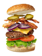 Flying burger on transparent background. png file