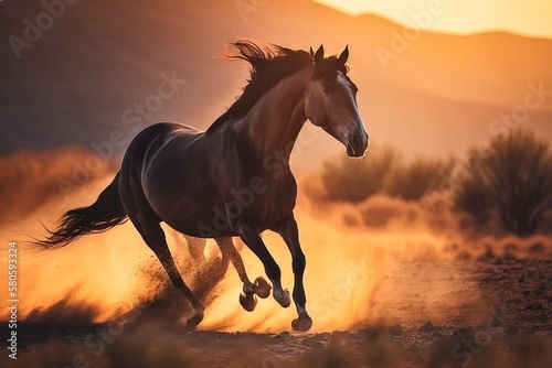 Running Horse through Desert with Beautiful Sunset AI Generated © Digital Dreamscape