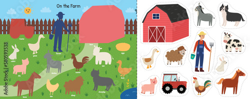 On the farm cut and glue game with cute animals and their names. Educational activity page for kids. Matching game with farm characters. Vector illustration