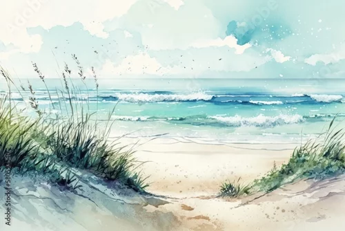 Obraz Realistic Sea beach background in watercolor style pink pastel color tone. Generative ai.