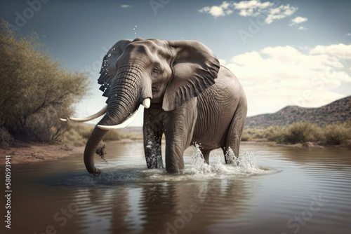 an elephant splashing water inside the river, a 3d rendering, photorealism, generative AI © Kien