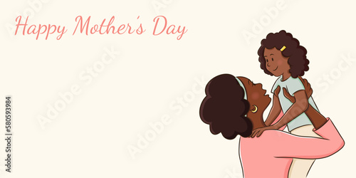 Cute banner in pastel colours with copy space. African american mother holds daughter. Black mom with child. Motherhood concept. Mother’s Day. Vector illustration in sketch hand drawn style
