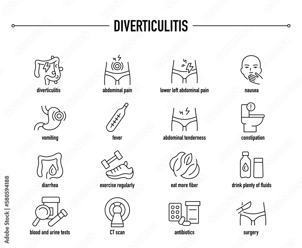 Diverticulitis symptoms, diagnostic and treatment vector icon set. Line