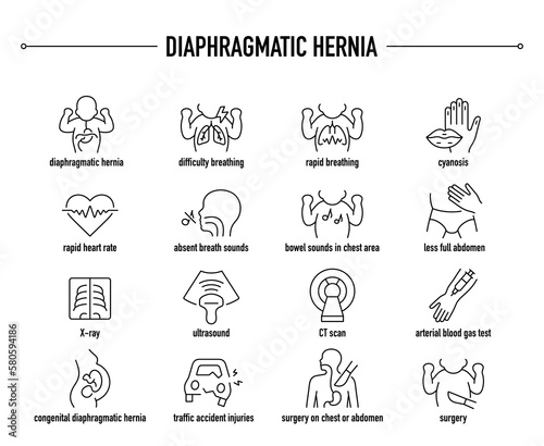 Diaphragmatic Hernia symptoms, diagnostic and treatment vector icon set. Line editable medical icons.