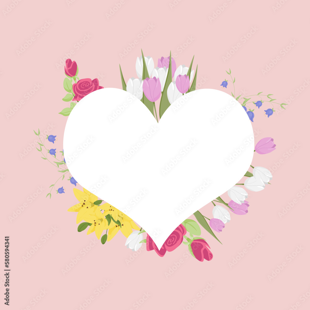 Empty space for your text. Vector illustration. An empty white heart with flowers on a pink background. copy space