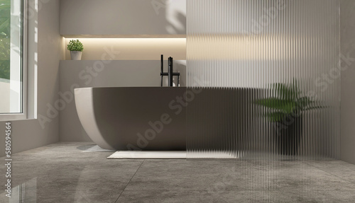 Fotografía Brown oval bathtub in modern gray wall bathroom, reeded glass partition with rec