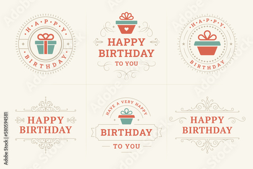 Happy birthday luxury vintage label and badge set for greeting card design vector flat illustration