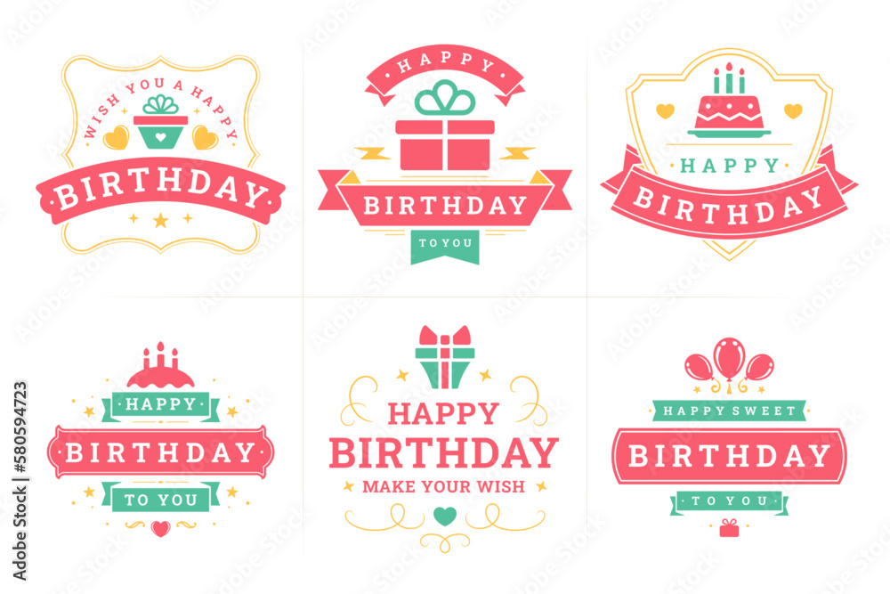 Happy birthday old fashioned label and badge set greeting card congratulations design vector flat