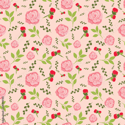 Seamless pattern design roses and leaves on beige