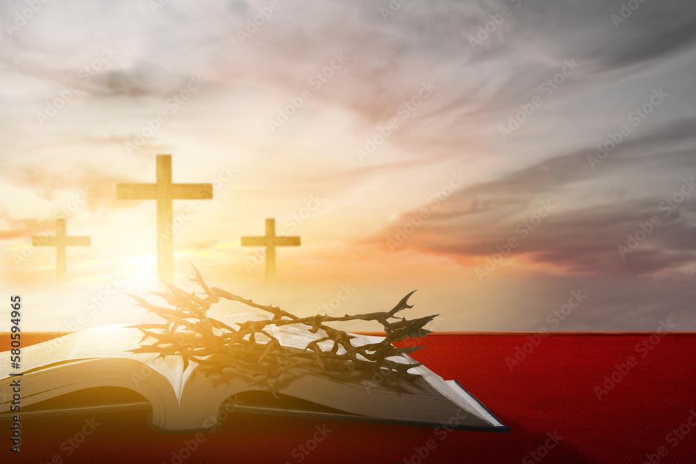 Christian Cross and open book with a crown of thorns Christian Cross and open book with a crown of thorns