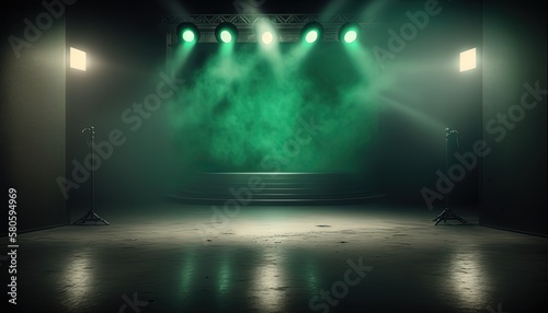 spotlights shine on stage floor in dark room, idea for background backdrop, abandon room or warehouse, Generative Ai