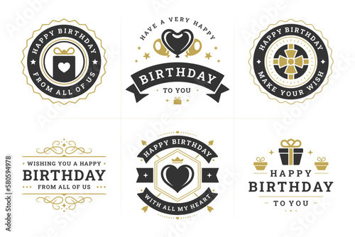 Happy birthday black luxury ornate vintage label and badge set for greeting card design vector flat