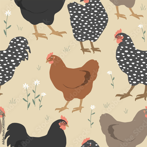 Seamless spring pattern with cute chickens and flowers. Vector graphic illustration.