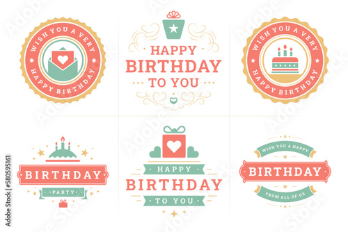 Happy birthday festive red green vintage label and badge set for greeting card design vector flat