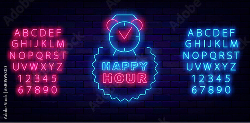 Happy hour neon label. Circle frame with clock. Luminous blue nad pink alphabet. Vector storck illustration