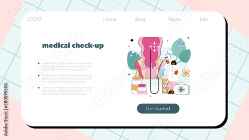 Proctologist web banner or landing page. Doctor examines and treating