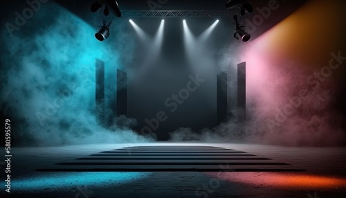 spotlights shine on stage floor in dark room, idea for background backdrop, abandon room or warehouse, Generative Ai