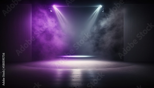 spotlights shine on stage floor in dark room, idea for background backdrop, abandon room or warehouse, Generative Ai