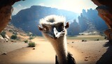 An ostrich face looks into the camera from a close-up. Generative ai illusration