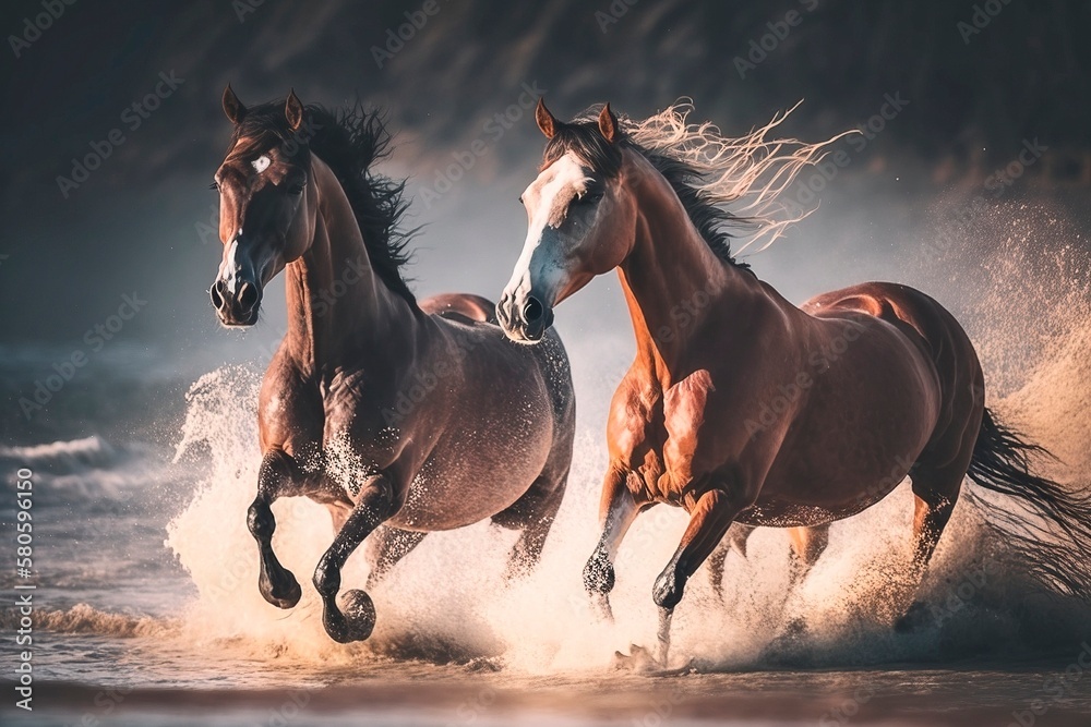 Majestic Arabian Horses Running in Waves on Beach AI Generated Majestic Arabian Horses Running in Waves on Beach AI Generated