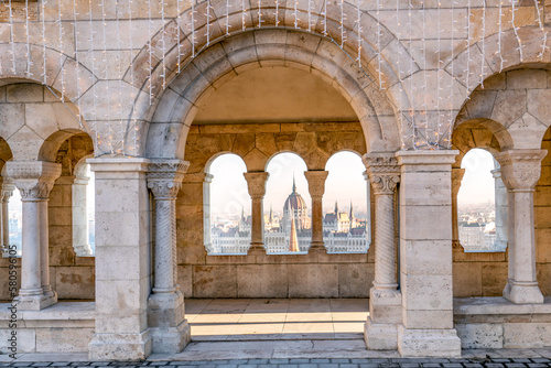 View of Parliament building from Fisherman's Bastion in Budapest, Hungary.