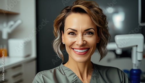 beautiful Asian woman doctor smile wildly at clinic or hospital room , idea for dream and lifestyle of people career and work, Generative Ai not real person