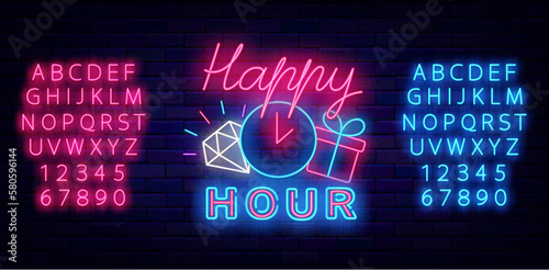 Happy hour neon label. Clock, diamond and present. Luminous blue nad pink alphabet. Vector storck illustration photo