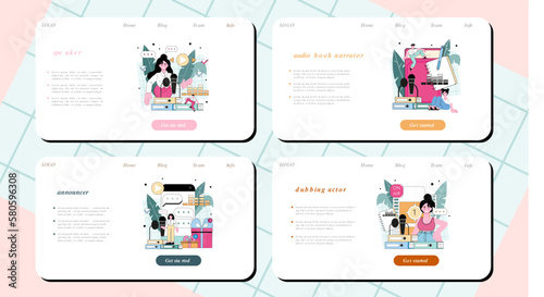 Speaker web banner or landing page set. Voice actor dubbing a movie