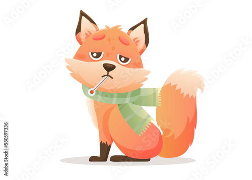 The baby fox has a high temperature. Thermometer in mouth and scarf around neck. Cute vector character got a flu.